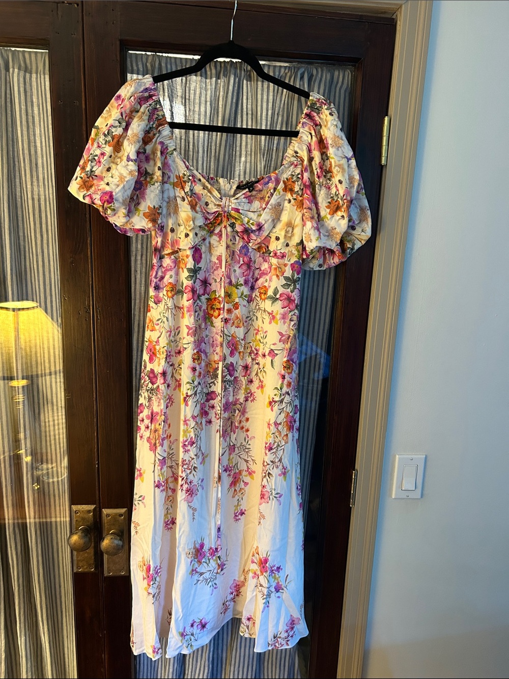 Alex Marie Cream Midi Dress with Pink & Purple Floral Print and Puff Sleeves